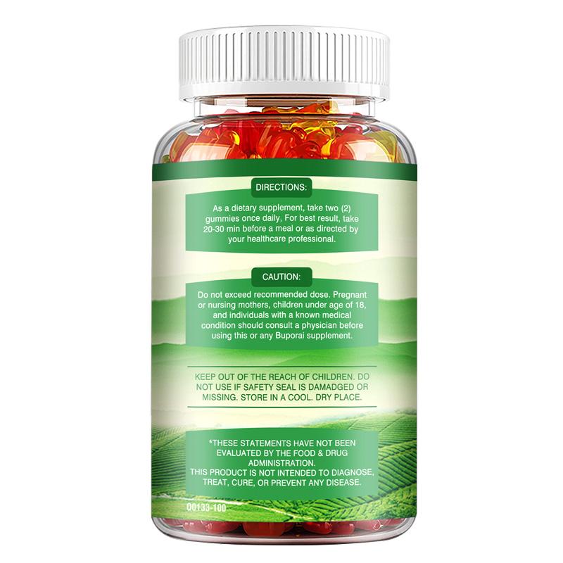 Green tea gummies; 1,020 mg per serving; contains Garcinia Cambogia, raspberry ketone, and coffee bean extract; promotes digestion.