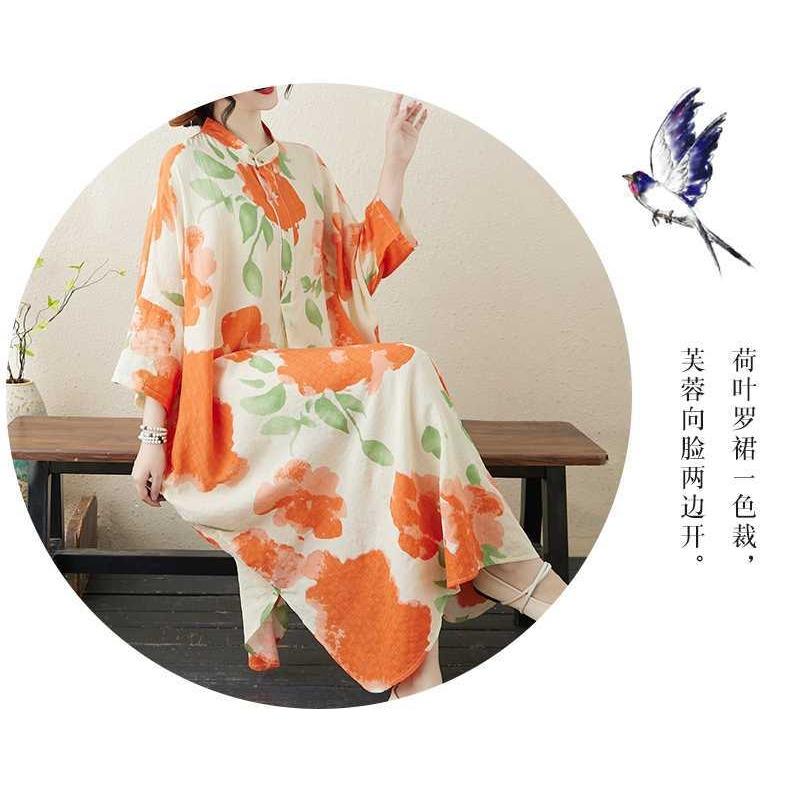 2025 Printed Stand Neck Loose Extra-Large Size Vacation Dress