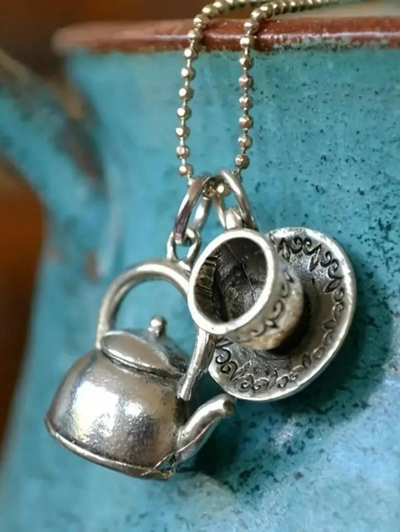 

Асимметричный чайник в стиле ретро-аниме, чайная чашка, часы, кофейная чашка, кулон-подвеска, ожерелье с цепочкой из нержавеющих бусин для женщин one-size античный серебряного