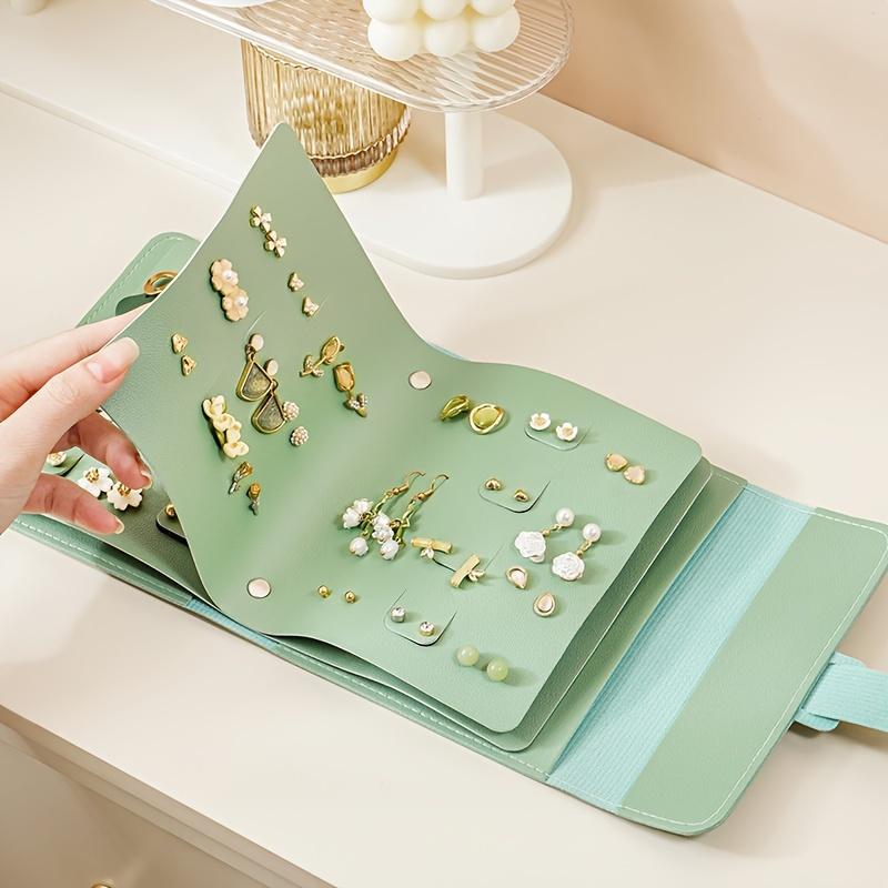 Mint Green Portable Earring Storage Box High Capacity Creative Jewelry Organizer with Button Clasp Faux Leather Interior for Earrings