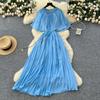 French fashion heavy industry diamond round neck shawl splicing strap waist thin temperament pleated chiffon dress women