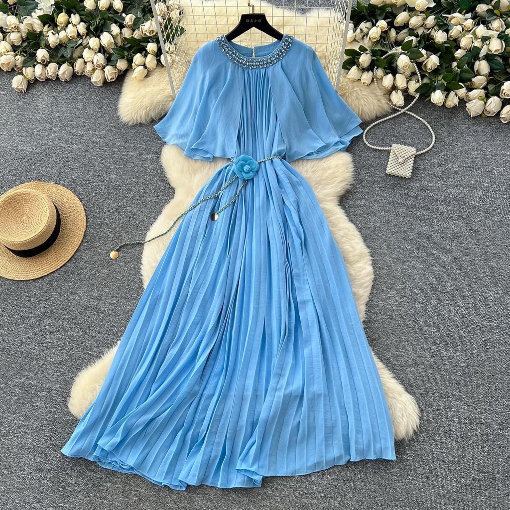 French fashion heavy industry diamond round neck shawl splicing strap waist thin temperament pleated chiffon dress women