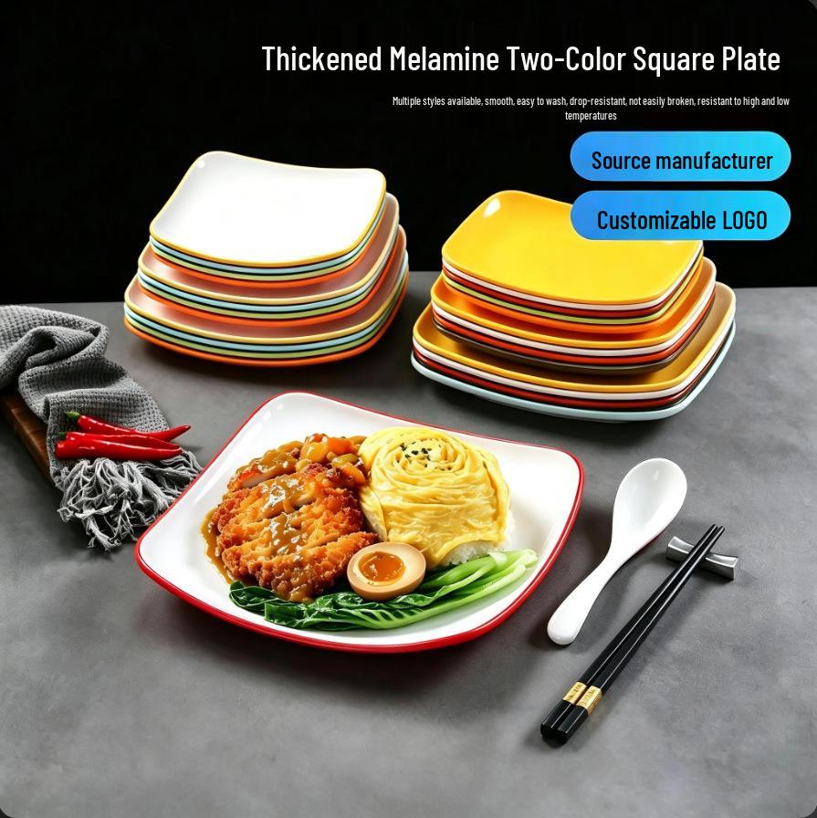 Double Color Melamine Square Rice Bowl Plate - Commercial & Catering Use