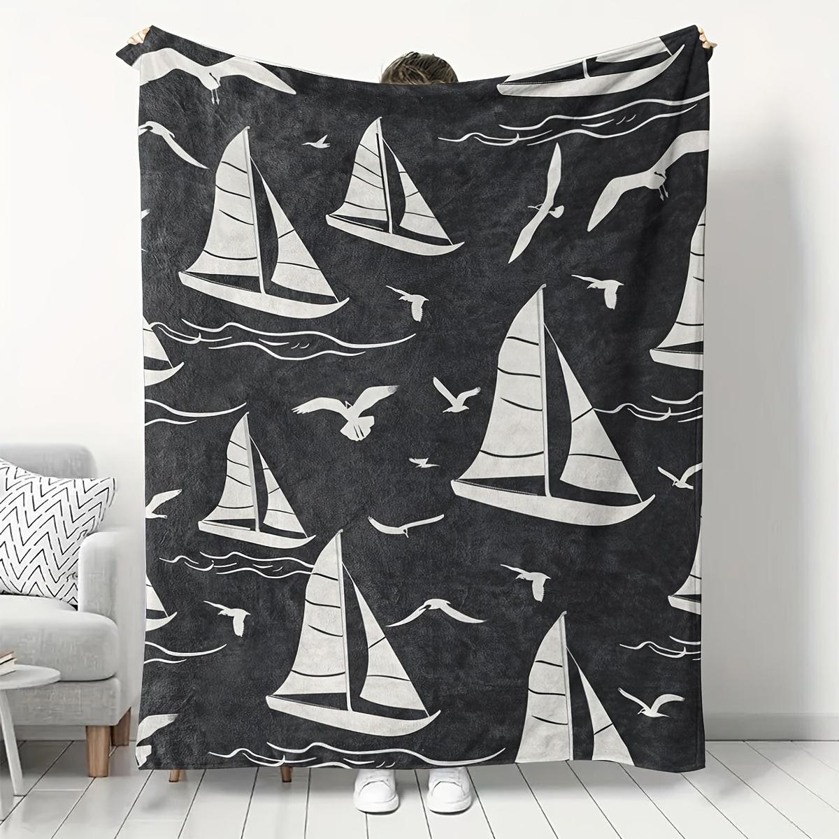 

1 Modern Sailboat Pattern Flannel Fleece Blanket -Hypoallergenic, Stain Resistant for Sofa, Bed, Travel, Office - 100% Polyester 100x150cm