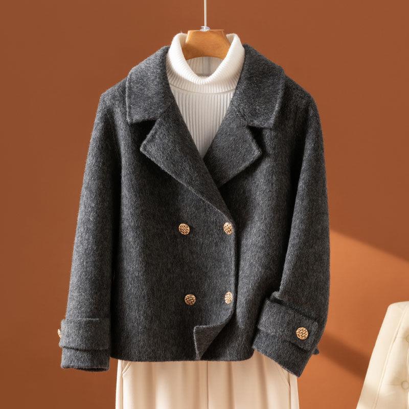 

Women s Korean Style Double-Sided Cashmere Coat - Loose Fit Wool Overcoat with Suit Collar for Autumn and Winter L чорний колір сірий