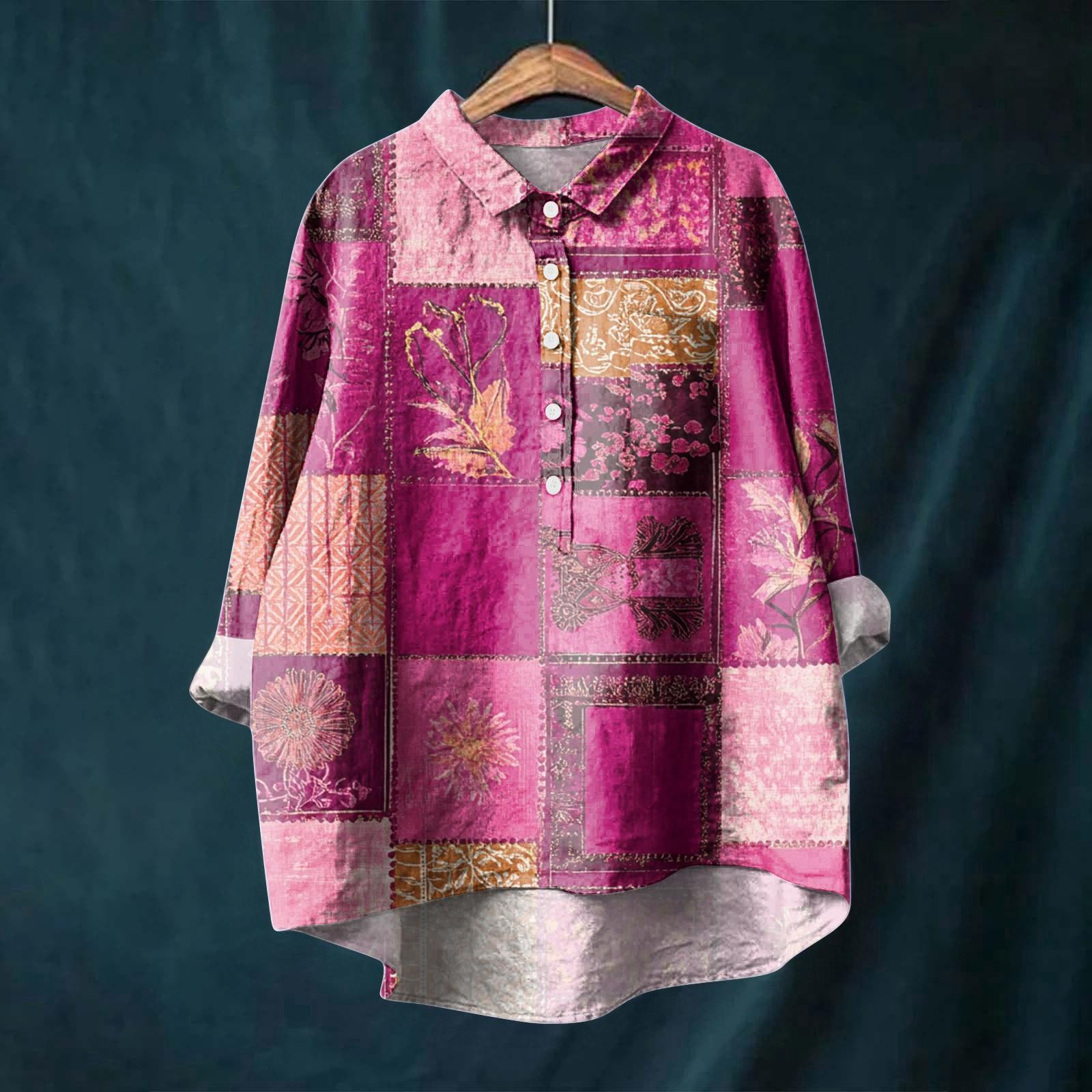 

Женская рубашка с длинным рукавом, на пуговицах, винтажный цветочный принт, повседневный подол, неровный, рубашечный воротник, топ S