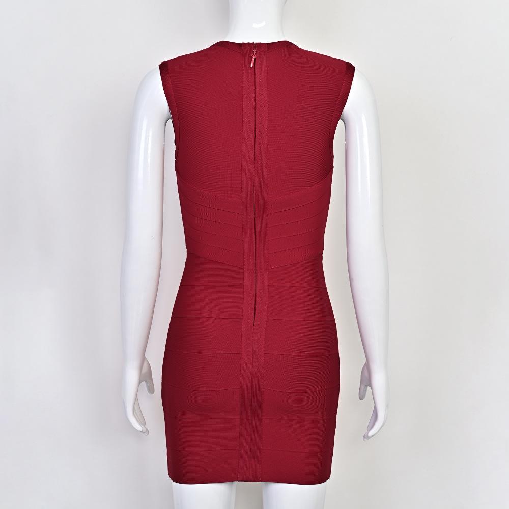 Elegant Sleeveless Burgundy Striped Bandage Dress - Low Cut & Stretchy Women's Fashion