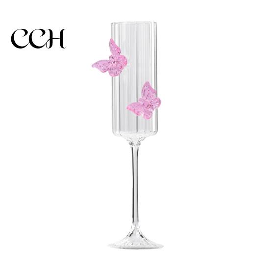 Butterfly Wine Glass Champagne Flutes with 3D Pink Decoration Wedding Glasses Faux Crystal Party Anniversary