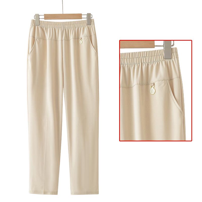 

Summer Loose Elastic Waist Straight-Leg Pants for Middle-Aged & Elderly Women - Breathable, Comfortable Casual Wear 2XL (105-120 lbs) бежевий
