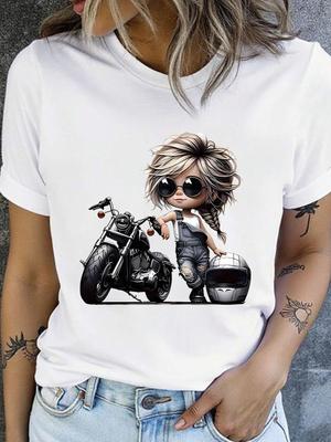 Motorcycle Womens Round Neck Short Sleeve T-shirt with Elastic Half Sleeves and Trendy Prints