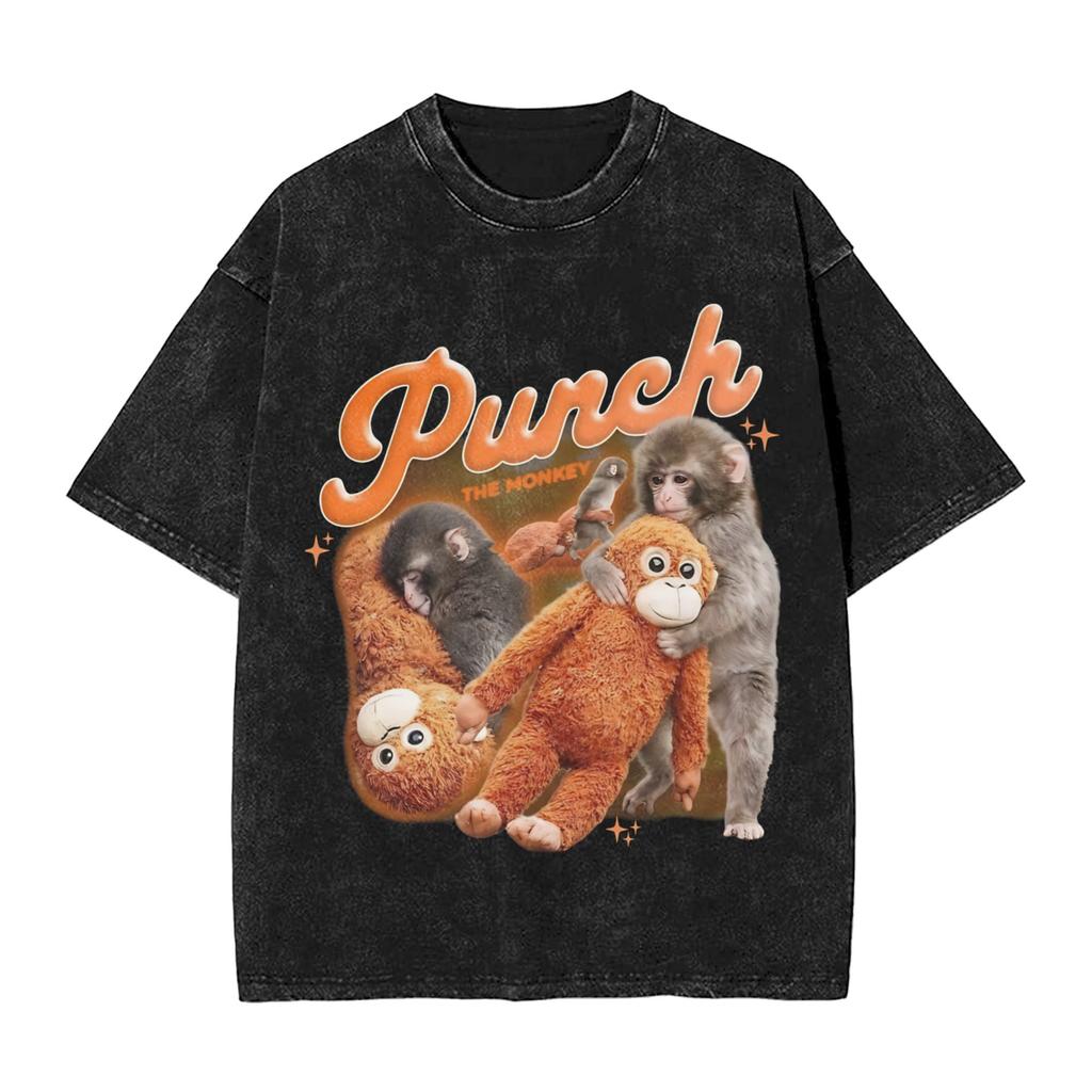 Men T Shirt Team Punch Monkey Washed T Shirts Hipster Summer Tees Y2k Retro Pattern Cotton Tops Gift Idea