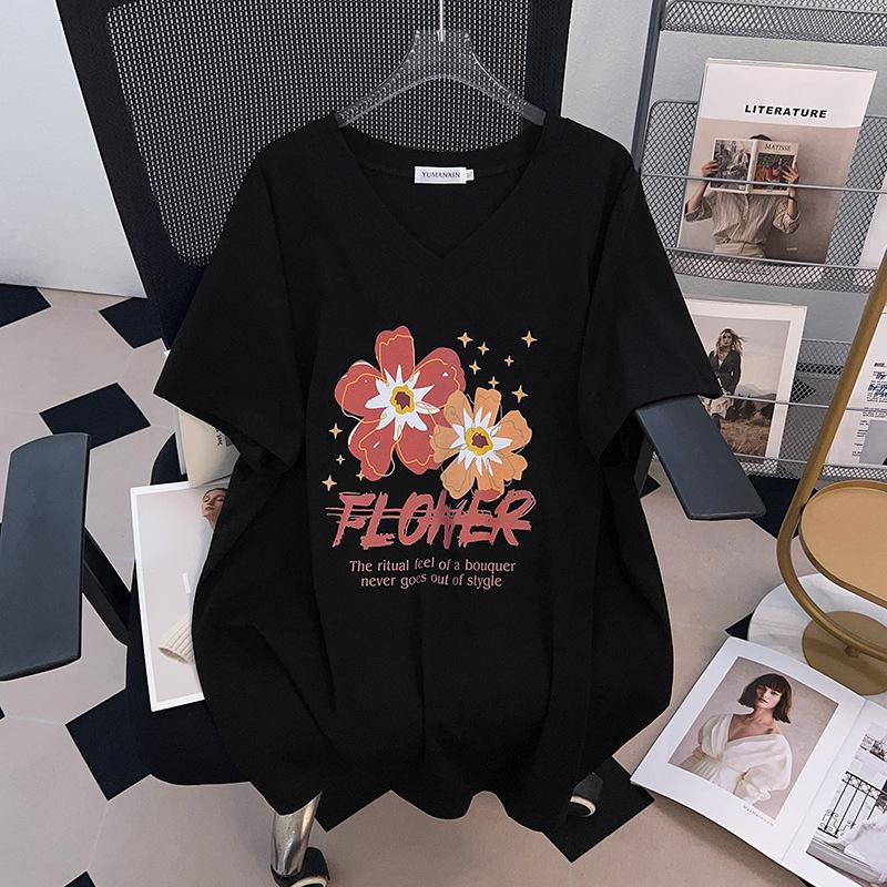 Plus Size Women's Slimming V-Neck Mid-Length Short-Sleeve T-Shirt