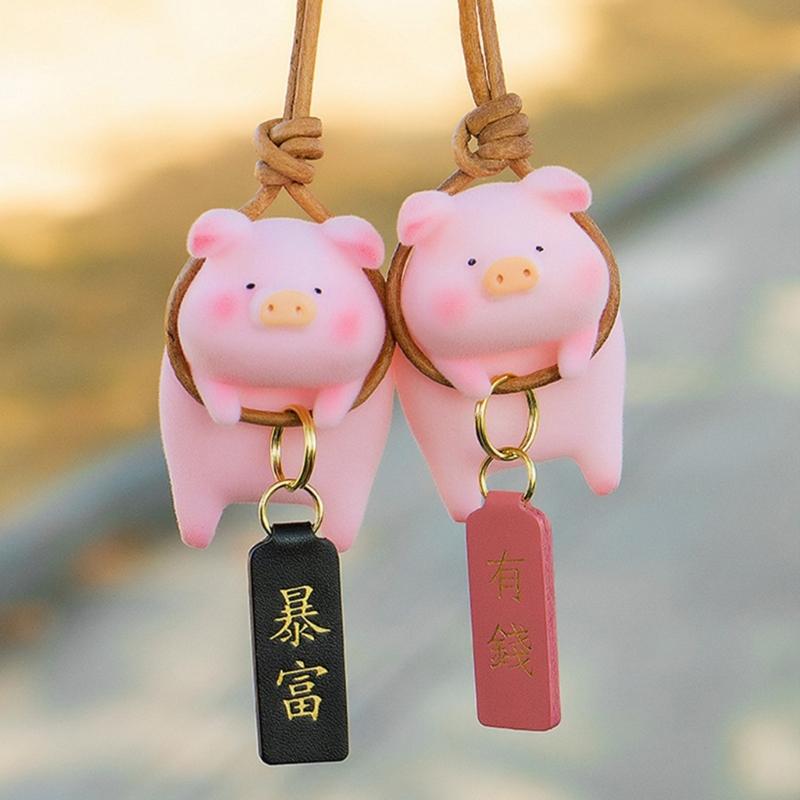 Car Rear View Mirror Pendant with Chinese Character Cute Swing Lucky Pig Piggy Hanging Ornament Auto Interior Decor