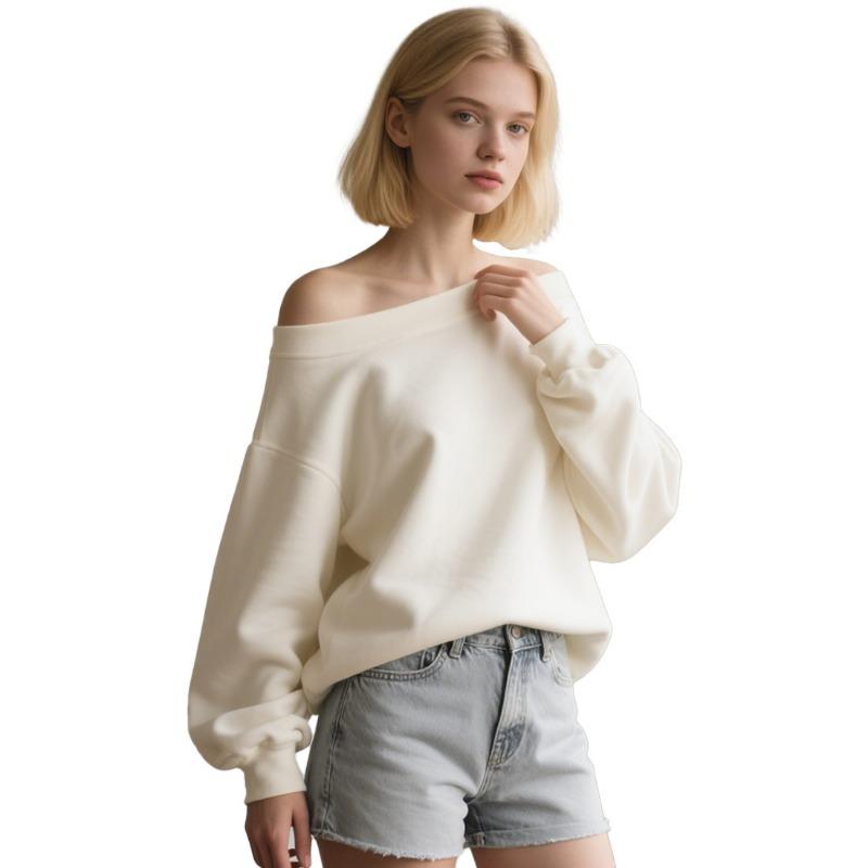 Estilo Casual de Primavera y Otoño Ropa de Mujer de un Hombro Pulóver Coreano y Japonés para Mujer Sudadera de Hombros Descubiertos