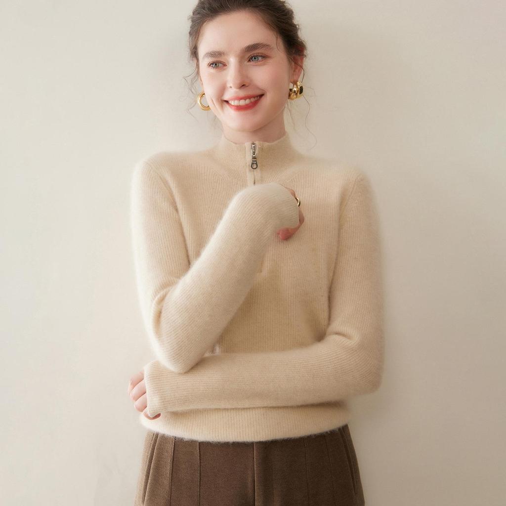 2025 Autumn/Winter Women's Thickened Cashmere Half-Zip Sweater - Loose Fit & Slimming Solid Color Pullover