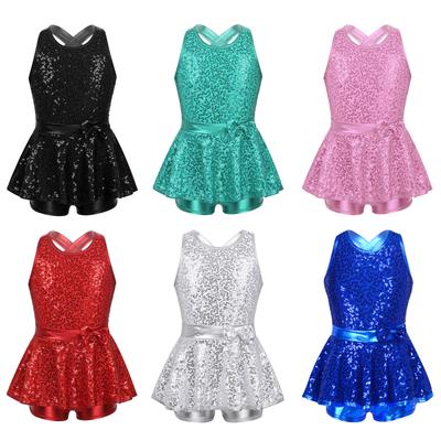 Kinderen meisjes jazz moderne tapdanskleding mouwloze lovertjes kriskras rug taille strik balletdans turnpakje jurk