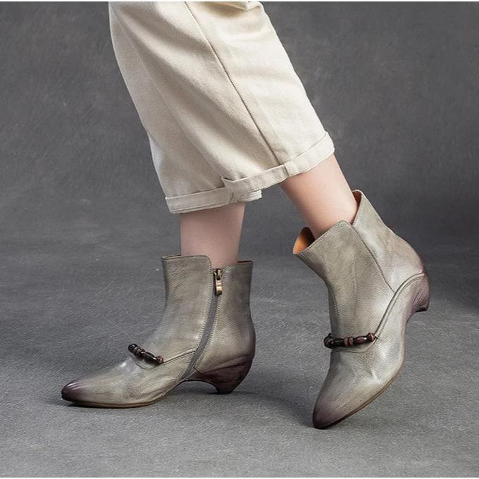 Johnature Genuine Leather Pointed Toe Ankle Boots Fashionable Versatile Mid Heeled Women's Shoes