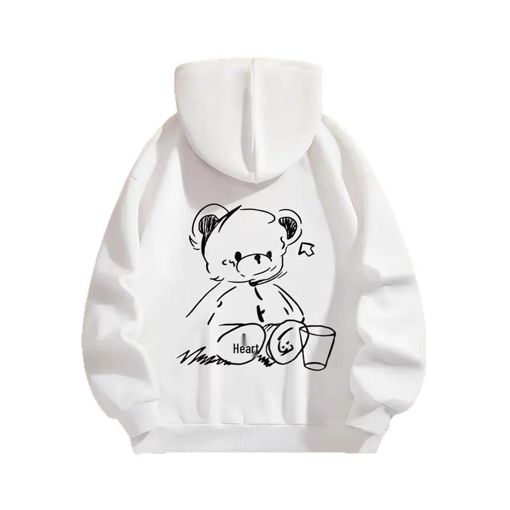 2025 Fashion Cute Bear Cartoon Pullover Hoodie with Drop Shoulder Sleeves