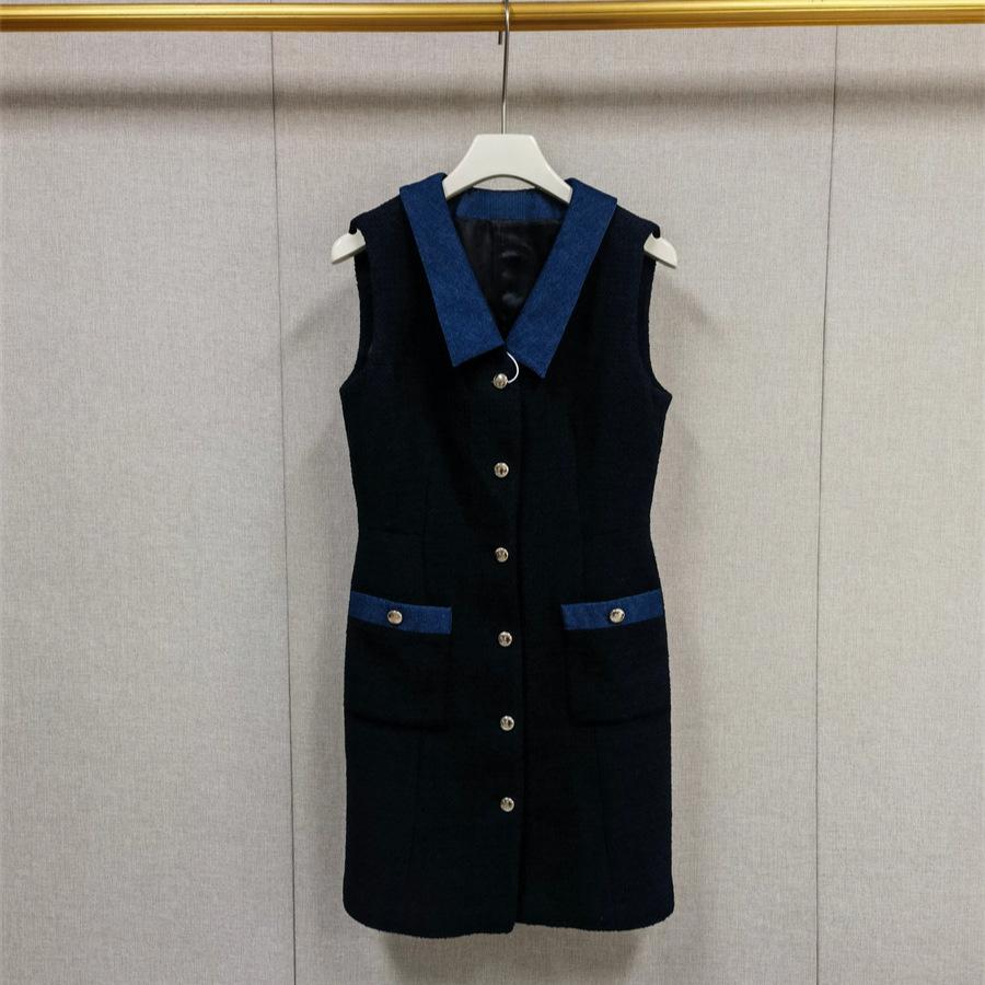 French Niche 2026 Spring Tweed Patchwork Denim Dress with 3D Cut and Cinched Waist Large