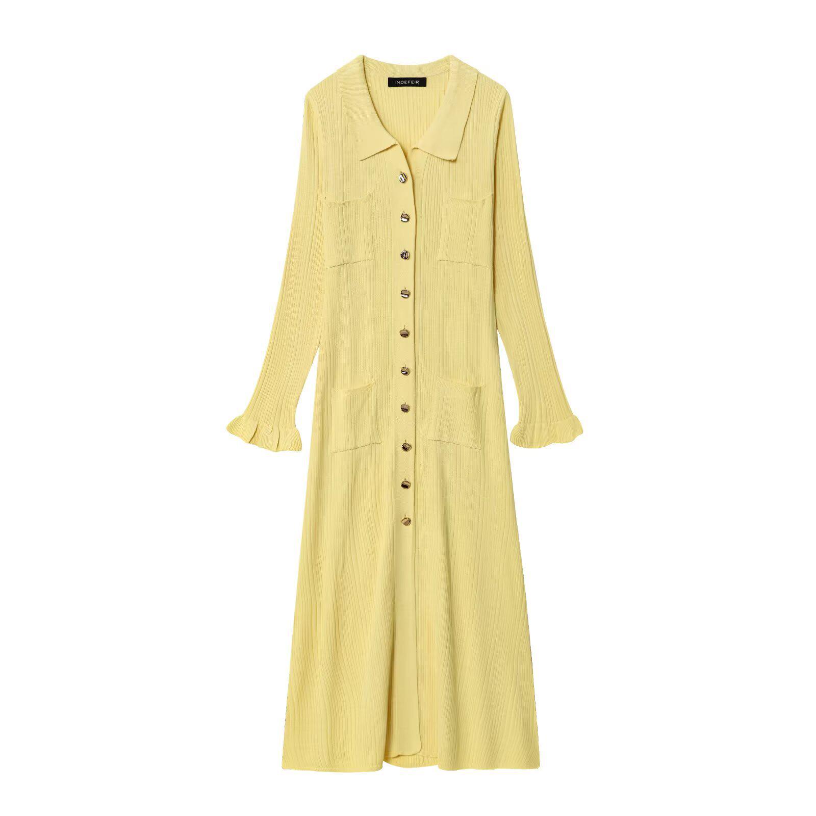 European & American Fashion: Elegant French Lapel Long-Sleeved Women s Dress L жёлтый