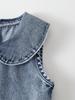 Single-piece Girls' Casual Everyday Cute Simple Versatile Denim Dress with Large Lapel Bow Embroidery, Sleeveless Peter Pan Collar