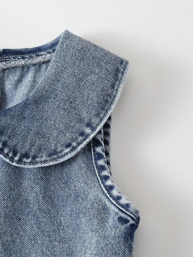 Single-piece Girls' Casual Everyday Cute Simple Versatile Denim Dress with Large Lapel Bow Embroidery, Sleeveless Peter Pan Collar