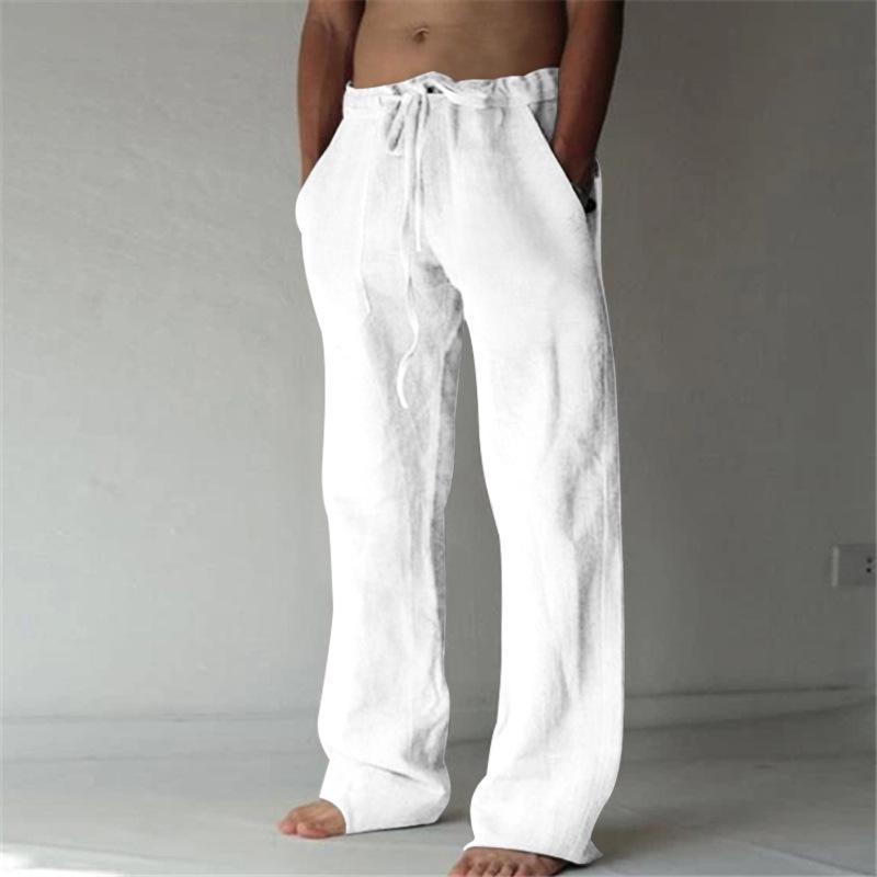 

2024 Men s Casual Cotton Linen Pants: Solid Color, Loose Fit, Elastic Waist with Drawstring XXXL белый