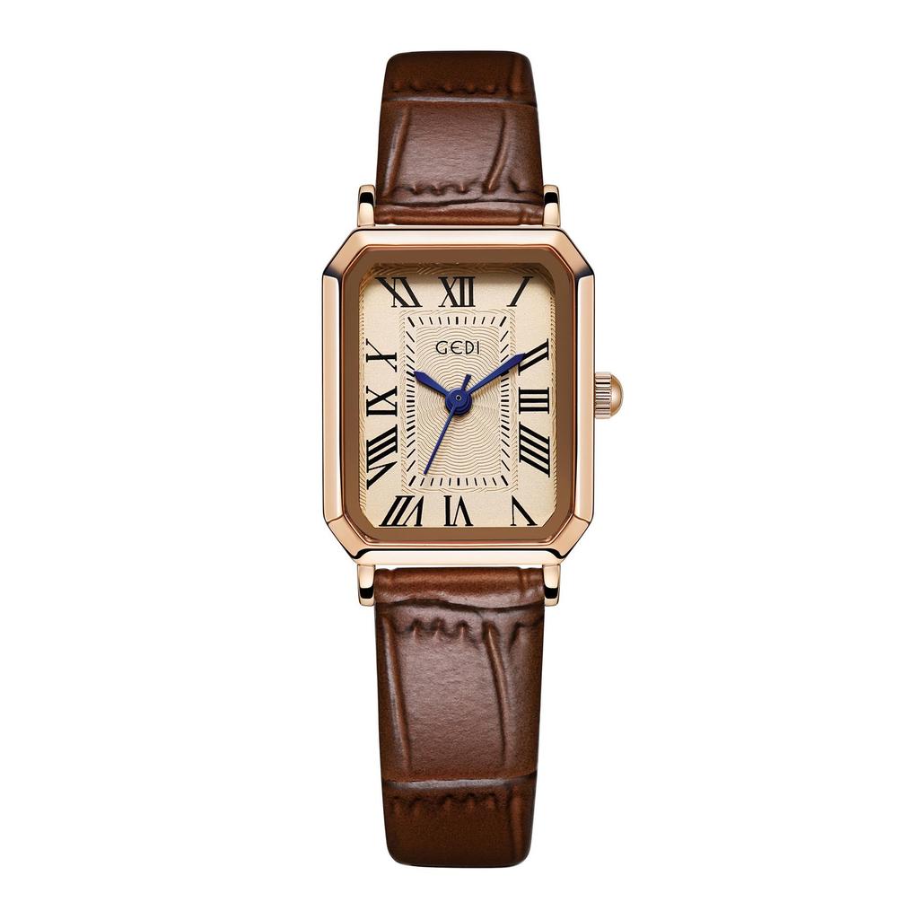 Gedi Women's Classic Roman Numeral Square Watch with Soft Genuine Leather Strap - Waterproof and Retro Style