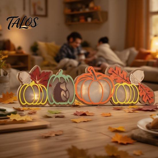 Autumn Harvest Table Decor Fall Thanksgiving LED Tabletop Decor, Maple Leaf Themed Lighted Wooden Decorations for Home Centerpiece, Ornament