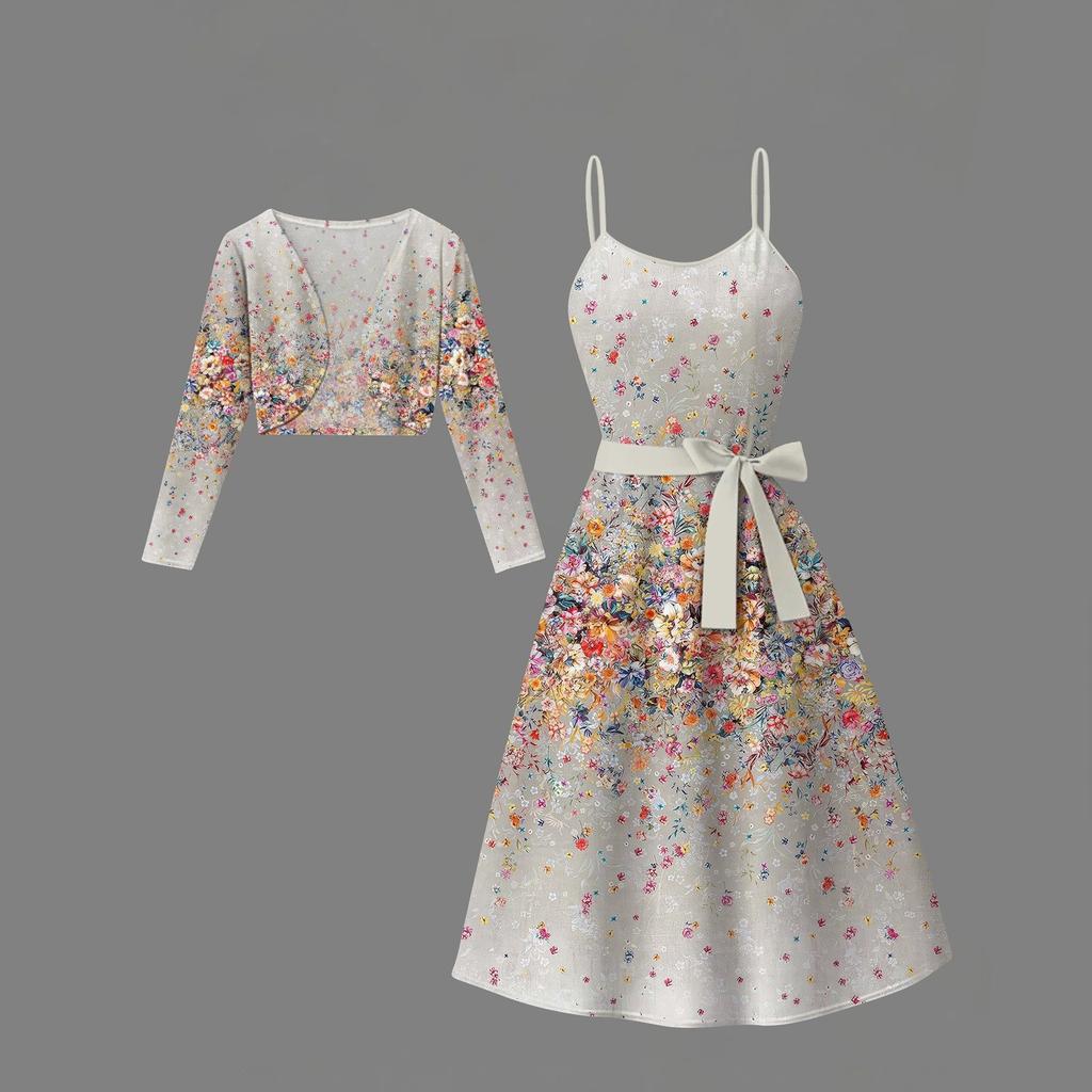 Women's  Fashionable And Casual Long-sleeved Short Cardigan Top + Belt + Strappy Dress Set