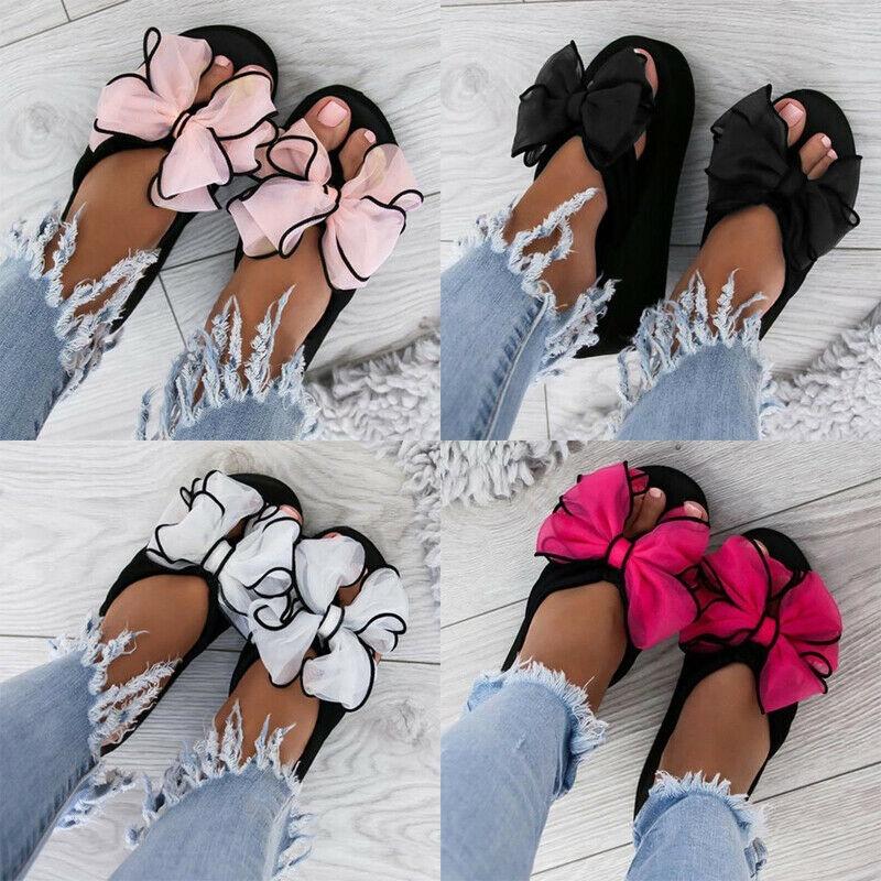 Chic And Comfortable Women Ladies Flat Slip On Sliders Slippers With Bow Accent
