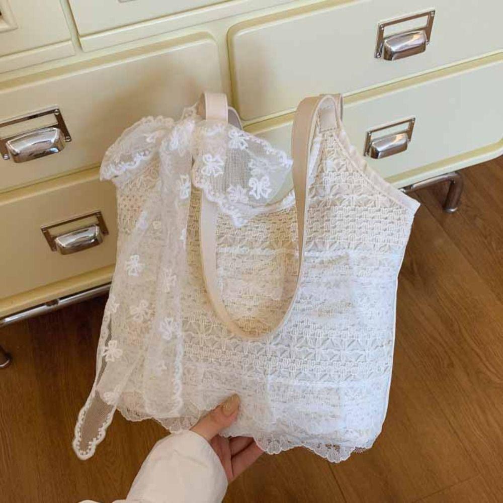 S krajkou a stuhou Taška přes rameno Korejský styl Velkokapacitní taška Nákupní Jednoduchá plátěná kabelka Práce