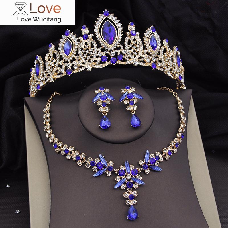 

Качественные роскошные синие хрустальные свадебные комплекты ювелирных изделий для женщин, диадемы, ожерелья, серьги, свадебные короны, аксессуары красный