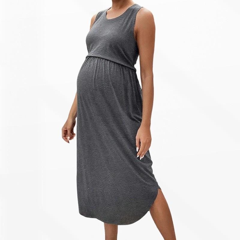2025 Maternity Sleeveless Round Neck Solid Color Fitted Midi Dress With Pleats Office Casual Wear
