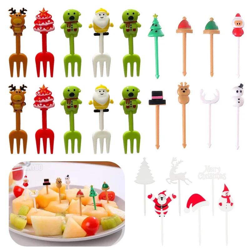 Christmas Fruit Forks Set Plastic Xmas Cupcake Toppers Elk Snowman Santa Claus Cookie Toothpick Xmas Party Cake Decorations