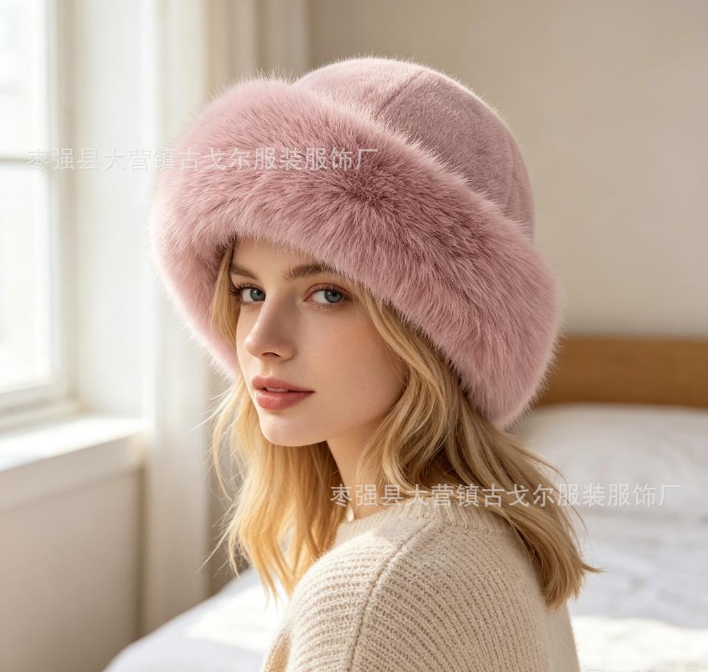 Autumn and winter imitation mink hat women's winter high sense versatile plush bucket hat big head circumference warm ear protection Mongolian hat