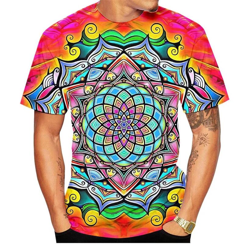 Colorful Kaleidoscope Pattern T-Shirt For Men Bohemia  Printed Tees Summer Casual Short Sleeve Round Neck Tops Loose T Shirts S
