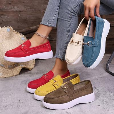 Damen Loafers mit Metallschnalle, Britischer Stil Slipper Fahrschuhe, Flache Sohle Komfort Mokassins für Damen