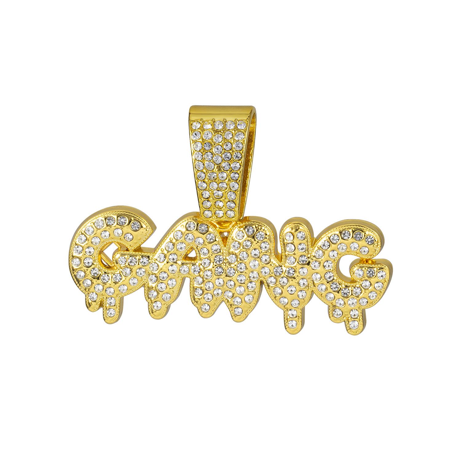 Mens Iced Out Bubble Letter GANG Pendant Zinc Alloy Crystal & Rhinestone Cuban Chain Trendy Party Streetwear Jewelry