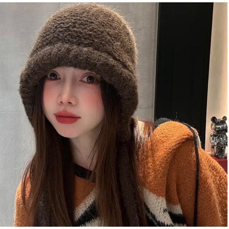 Hat women's winter big head circumference knitted hat versatile face small lace-up bag hat dual-purpose ear protector headgear