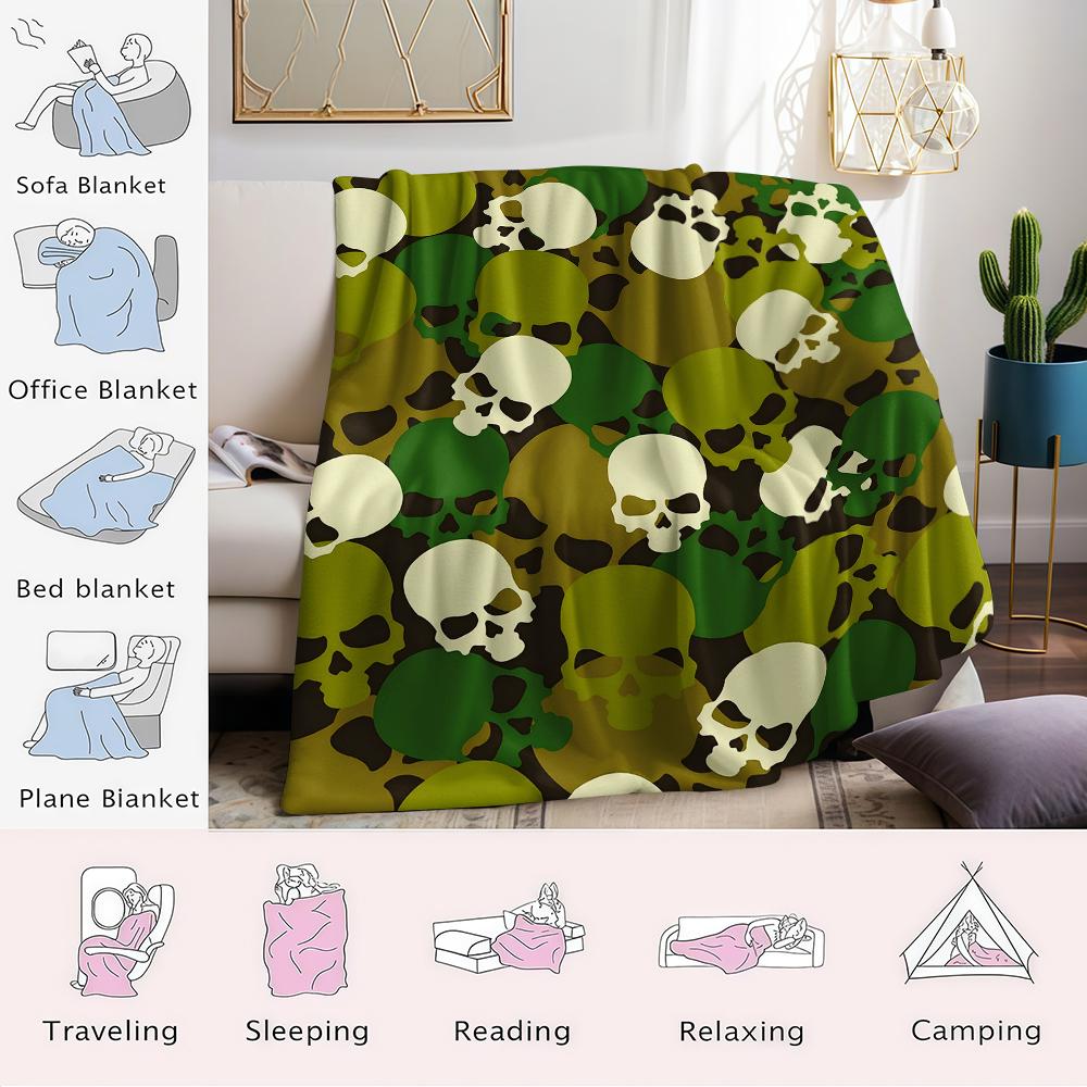 Camouflage Skull Flannel Blanket Warm Soft Halloween Christmas Couch Warm Cozy Decorative Decor Gift for All Season