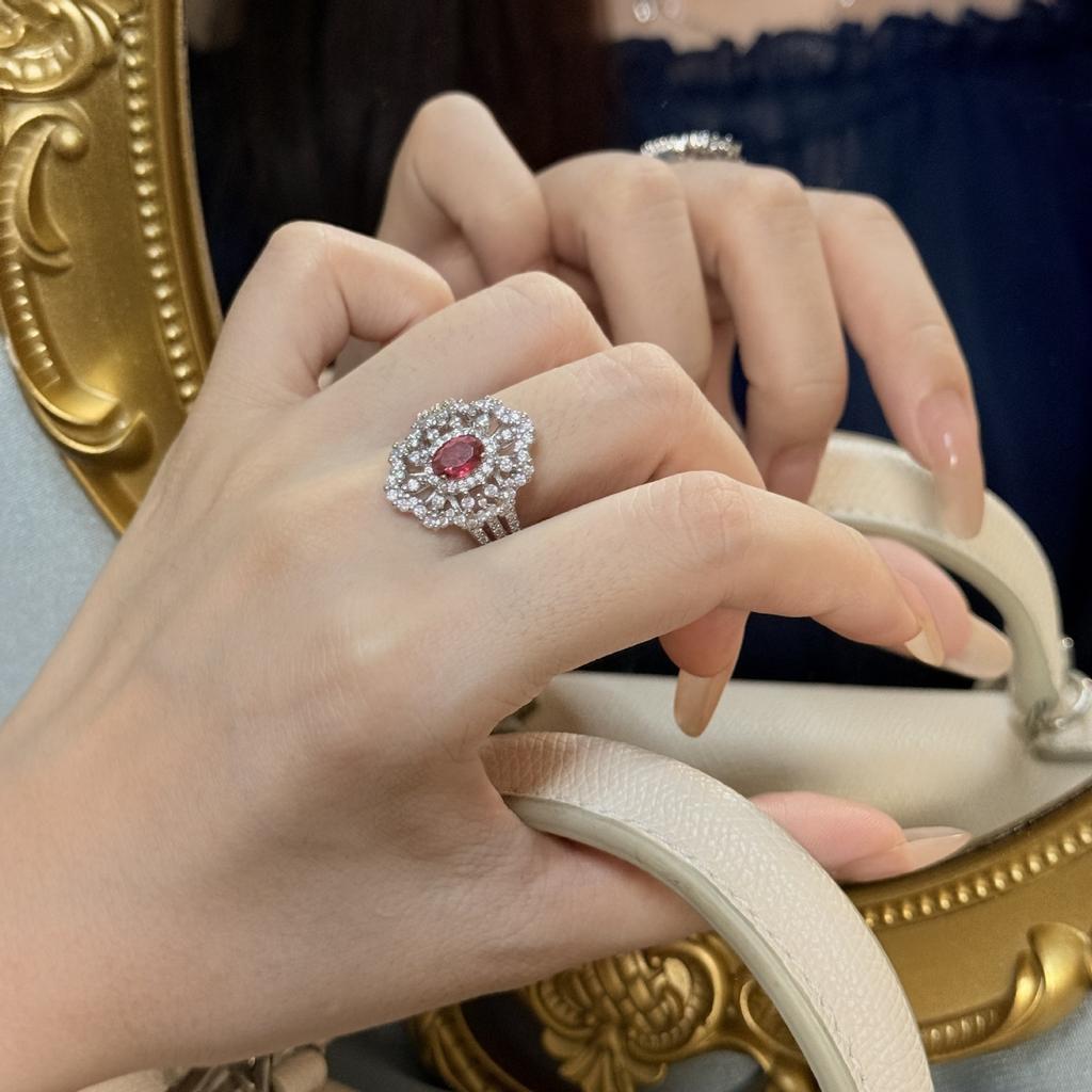 Simulation Ruby Flower-Shaped Open Ring Women'S Full Diamond Live Ring Jewelry