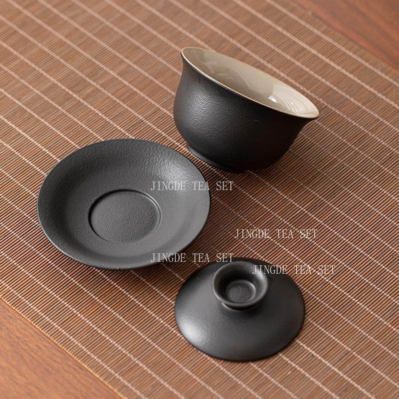 Promotional Black Ceramic Lid Bowl Household Tea Bowl Chinese Kung Fu Tea Cup Large Capacity Teacup Tea Ceremony Accessories