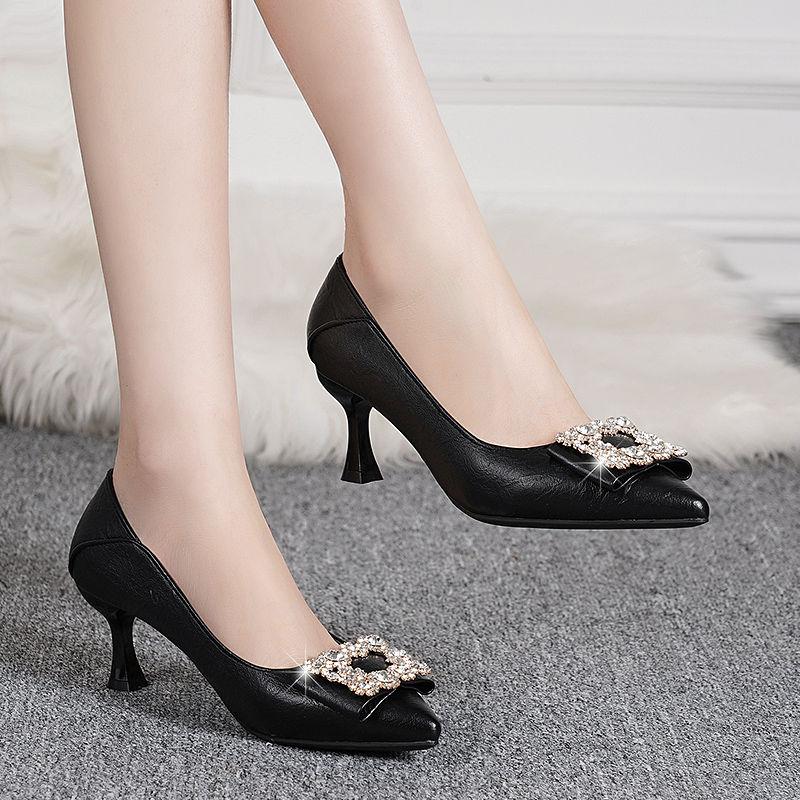 Sharp Pointed Single Shoe Women's Spring Shoes Rhinestone Black Temperament High Heels Women