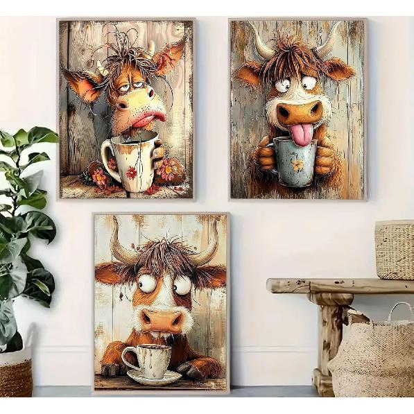3pcs Funny Cow Canvas Wall Art Humor Dreaming Cow Drinking Coffee Posters Prints Paintings Playful Country Farmhouse Animals Wall Decor Pictures for