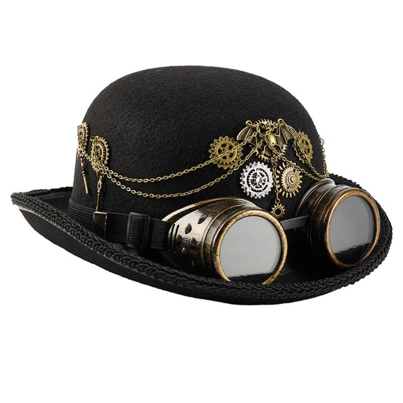 Adjustable Goggles Attached Wool Top Hat Steampunk Magicians Hat Costume Accessory For Men Women Theme Event Dressingup