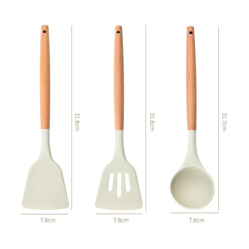 Home Cooking Spoon Frying Spatula Silica Gel Kitchen Tools Wooden Handle Silica Gel Spatula High Temperature Pot Spatula