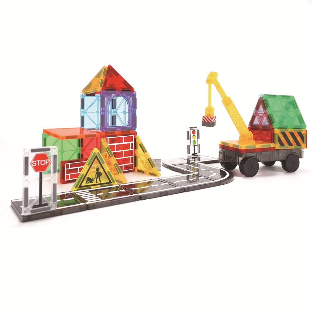 Yuelebo Magnetic Building Blocks: City Traffic & Architecture Set with Crane and Stained Glass Tiles