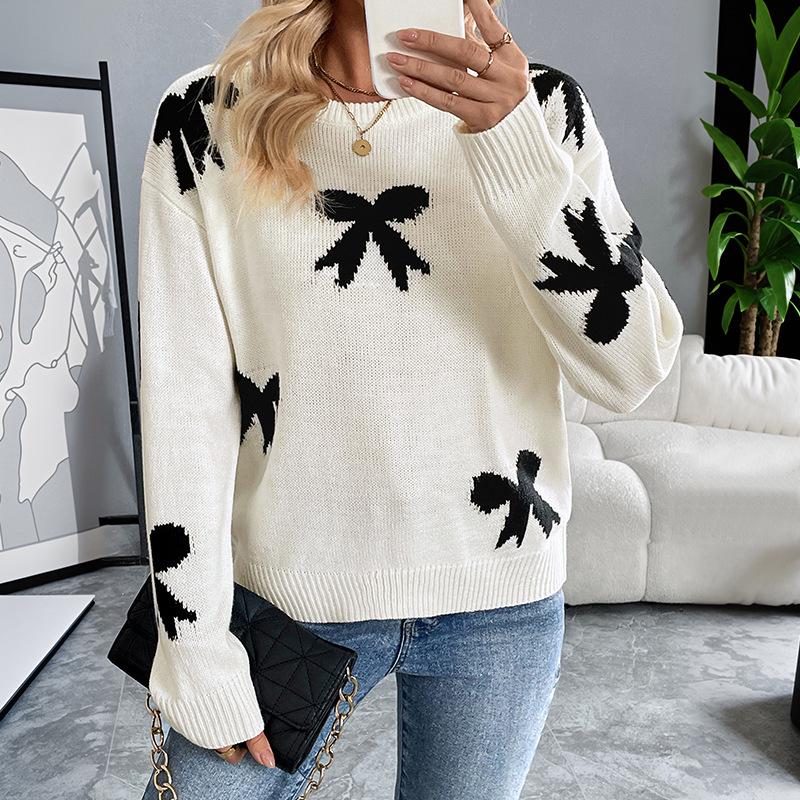 2026 Autumn/Winter Women's Bow Jacquard Round Neck Long Sleeve Sweater