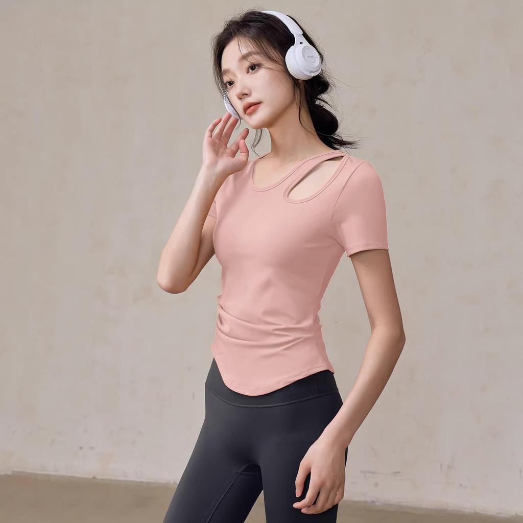 Dámský rychleschnoucí top s krátkým rukávem na jógu - Slim střih, prodyšný, elastický aktivní oděv na běh a fitness
